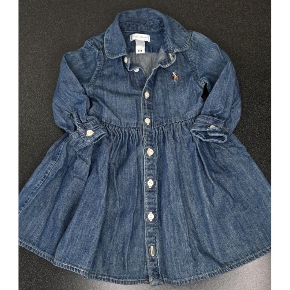 New Ralph Lauren Baby 9M Denim Long Sleeve Button Up Chambray Polo Dress Preppy